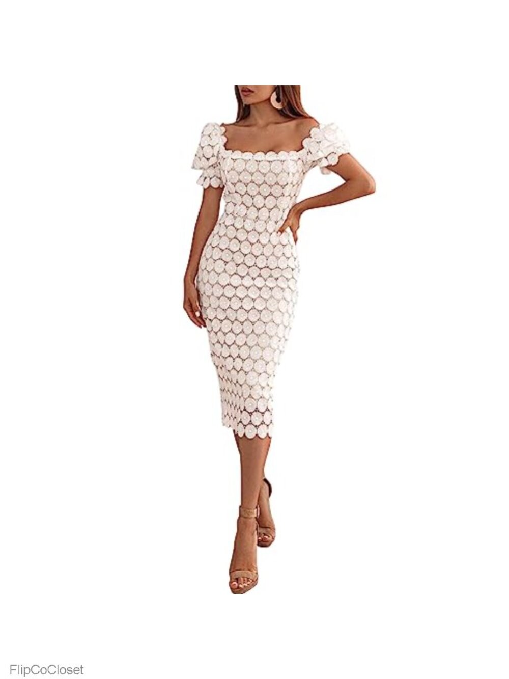 Elegant Sexy Floral Lace Off Shoulder Short Sleeve Formal Bodycon Midi Dress